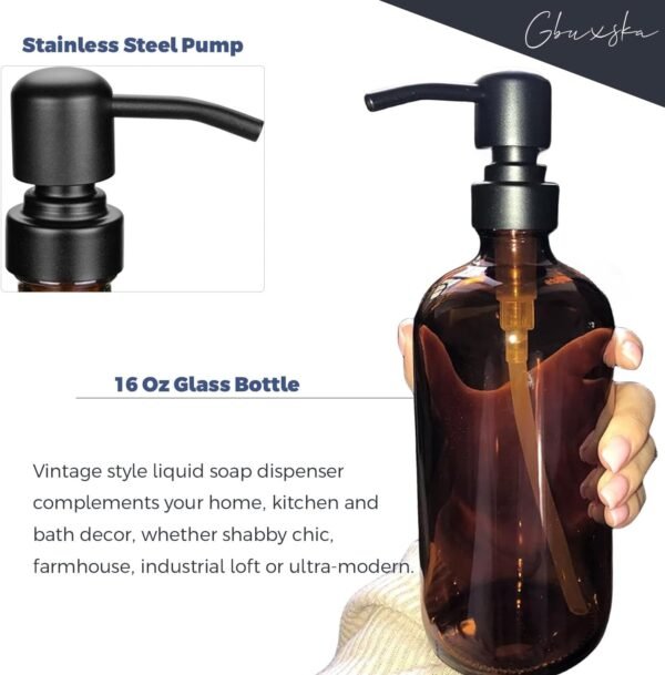 Amber Glass Soap Dispenser, 16oz Hand Soap Dispenser for Bathroom/Kitchen Countertop, 2 Pack - Image 3