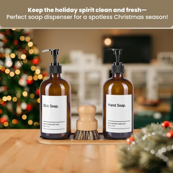 SIDIQI Design Glass Soap Dispenser Set of 2 with Plastic Pumps, Bamboo Tray, Brush & Labels - Ideal for Bathroom & Kitchen Countertop - 500ml/17 Oz - Image 9