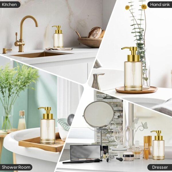 Glass Soap Dispenser with Stainless Steel Pump 2 Pack,12oz Thick Glass Gold Hand Liquid Soap Dispenser Bathroom,Dish Amber Soap Dispenser,Clear Soap Dispenser for Bathroom,Kitchen - Image 6