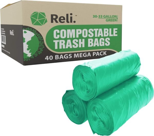 Reli. Compostable 33 Gallon Trash Bags | 40 Count | ASTM D6400 | Green | Eco-Friendly | For Compost