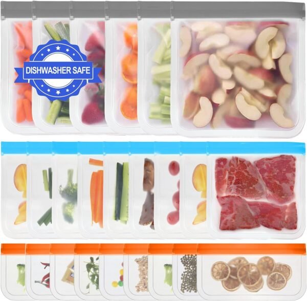 24 Pack Silicone Reusable Storage Bags, Dishwasher Safe Reusable Sandwich Bags BPA Free, Reusable Freezer Bags, Reusable Snack Bags, Gallon Lunch Bags for Food Storage, Marinate, Travel (6L, 9M, 9S)