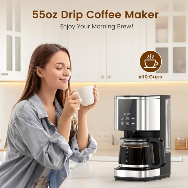 10-Cup Drip Coffee Maker, 24-Hour Programmable Coffee Brewer, Touch Screen, Coffee Strength Control, Reusable Filter, Coffee Pot, Energy Saving Auto Shut Off - Image 2