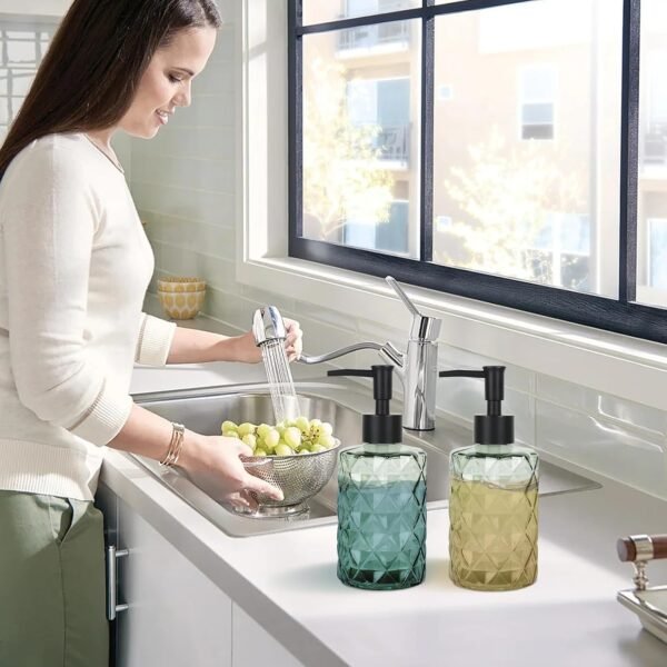 Green Glass Soap Dispenser Set for Bathroom, 11oz. Glass Soap Bottles with Plastic Pump, Kitchen Dish Soap Dispenser Set, Hand-Pump Dispenser for Shampoo, Lotion, Essential Oil (4Pcs) - Image 7