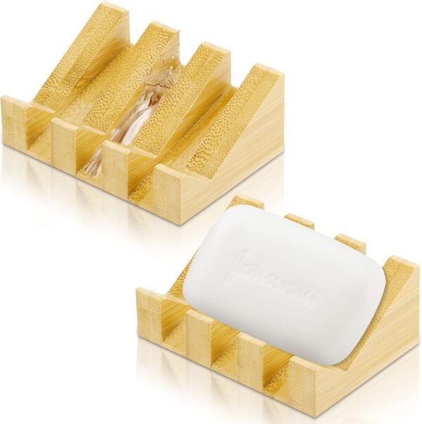 2 Packs Bamboo Soap Dish Bamboo Soap Holder with Self Draining Wooden Soap Tray Soap Dishes Soap Bar Holder for Bathroom, Kitchen, Shower, Sinks, Countertop, Travel