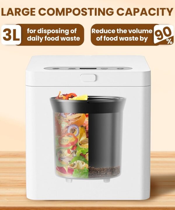 Electric Composter for Kitchen, 3L Compost Bin, Odorless/Auto-Cleaning/LED Display, Countertop Smart Compost Bin, Turns Waste into Dry Fertilizer - Image 4