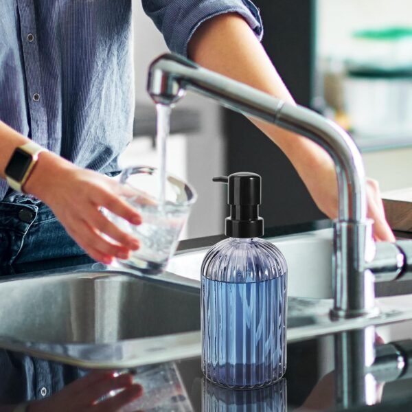 3 Pack Glass Soap Dispenser with Rust Proof Pump,15 Oz Hand Soap Dispenser with Vertical Stripe, Refillable Liquid Soap Dispenser for Bathroom,Kitchen,Lotion (Grey) - Image 4