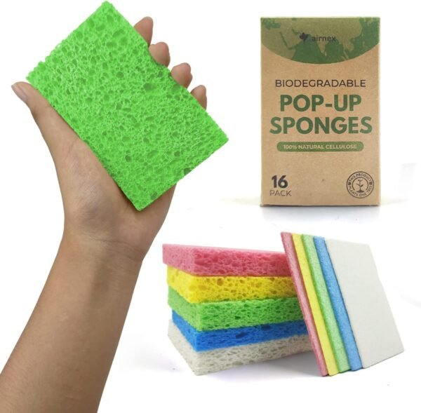 Biodegradable Cellulose Compressed Sponges - Pack of 16 Compostable Sponges Kitchen Pop Up Bulk - Non Scratch Multicolor Natural Dish Sponges - Heavy Duty Multipurpose Eco Friendly Sponges