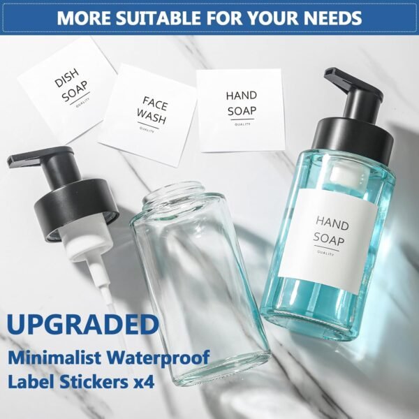 Foaming Soap Dispenser, 12 Oz Foaming Hand Soap Dispenser, 2 Pack Glass Foaming Soap Dispenser for Bathroom & Kitchen, Clear Refillable Foam Soap Dispenser Pump Bottle with Waterproof Labels - Image 7