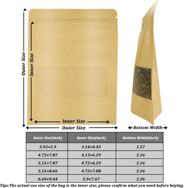 100 PCS Resealable Bags, Stand Up Kraft Paper Bags with Matte Window, Zipper Lock Food Storage Bags for Small Business and Home, 5.51 * 7.87 Inch Reusable Sealable Bags for Packaging - Image 4