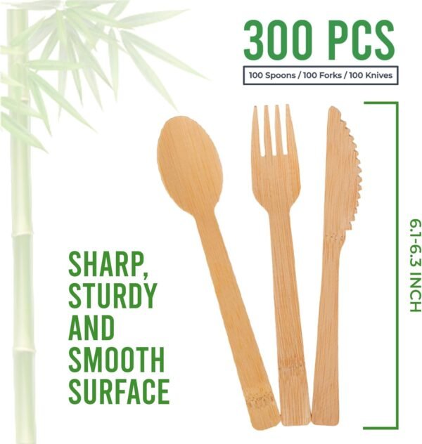 Kitchen Thinker Bamboo Utensils Set – 300 Count(100 Spoons, 100 Forks, and 100 Knives) Bamboo Silverware Set and Bamboo Cutlery Set - Disposable Cutlery for Party, Camping, Weddings - Image 4