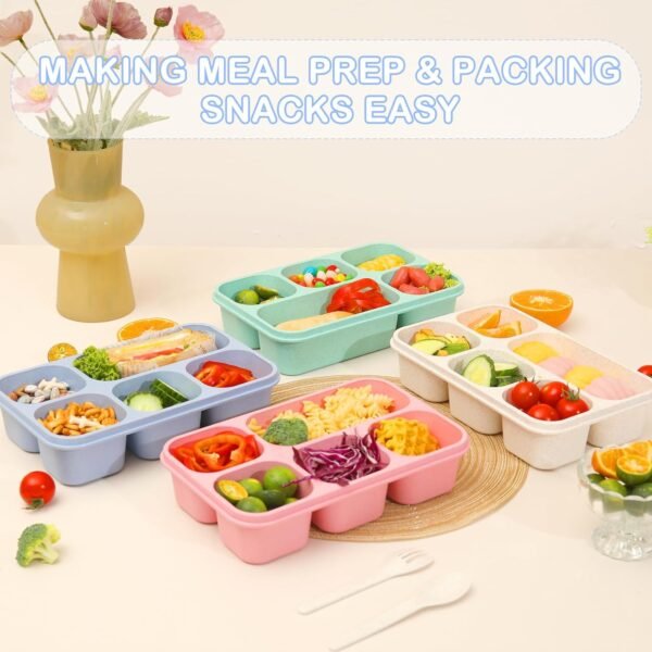 Bento Box Adult Lunch Box, 4 Pack Lunchable Containers 5 Compartments,Divided Lunch Containers with Utensils,Reusable Snack Containers for Adults Kids,Snack Box Containers for School Work Travel - Image 3