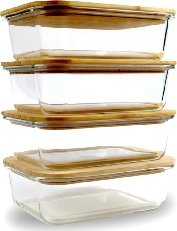 DE Glass Food Storage Containers with Bamboo Lids (4 Pack, 36 Ounce) Eco Friendly Meal Prep Containers Reusable – Airtight, Plastic Free, BPA Free