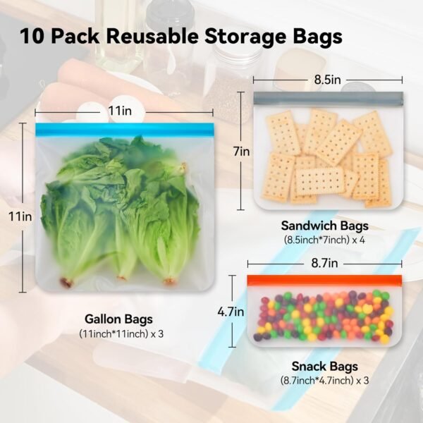Leetaltree Reusable Food Storage Bags, 10 Pack Dishwasher Freezer Safe PEVA Bags, Leak Proof & Airtight Reusable Freezer Bags for Food Storage and Home Organization - Image 3