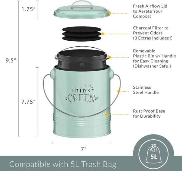 Barnyard Designs Compost Bin for Kitchen Counter - 1.2 Gallon Countertop Composter with Extra Smell-Absorbing Filters and Inner Bucket for Easy Cleaning - Food Waste Bin for Kitchen with Lid (Mint) - Image 4