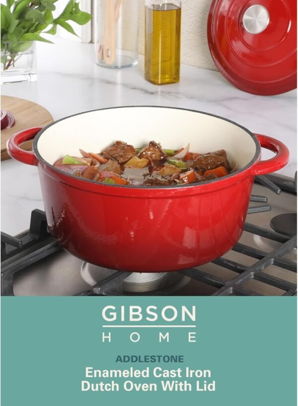 Gibson Home Addlestone 5 Quart Round Enamel Cast Iron Dutch Oven Pot With Lid & Dual Handles - Red - Image 2