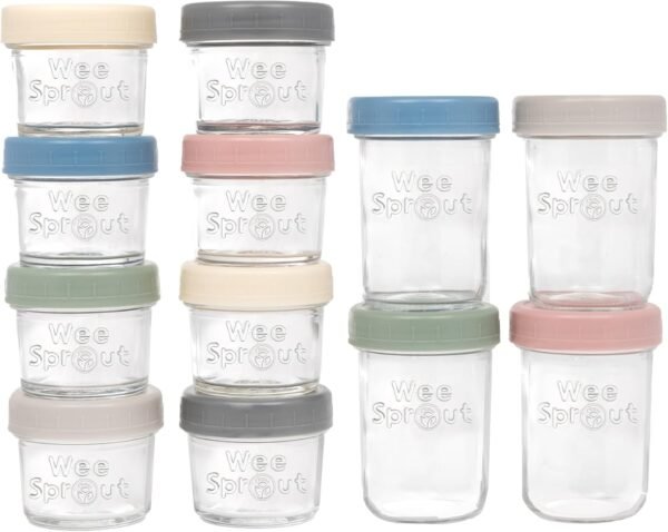 WeeSprout Glass Baby Food Storage Jars w/ Lids (4/8 oz, 12 Pack Set) Snack, Reusable Small Containers, Breast Milk, Fridge, Freezer, Microwave & Dishwasher Safe, Essential Must Have for Infants