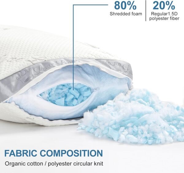 Standard Pillows Set of 2, Shredded Memory Foam Pillows, Adjustable Bed Pillow for Sleeping, 18"x26"Organic Cotton Bed Pillows for Side, Back, Stomach Sleepers - Image 2