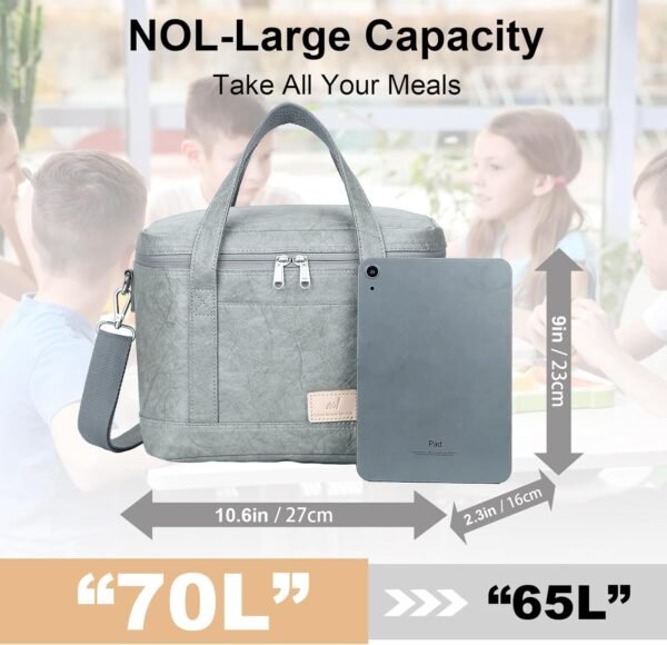 NOL Natural Organic Lifestyle Insulated Lunch Bags for Women Grey - Large Leakproof Insulated Cooler Bag Lightweight Waterproof Reusable Vegan Lunch Bag for Work, Camping, Travel, Outdoors - Image 2