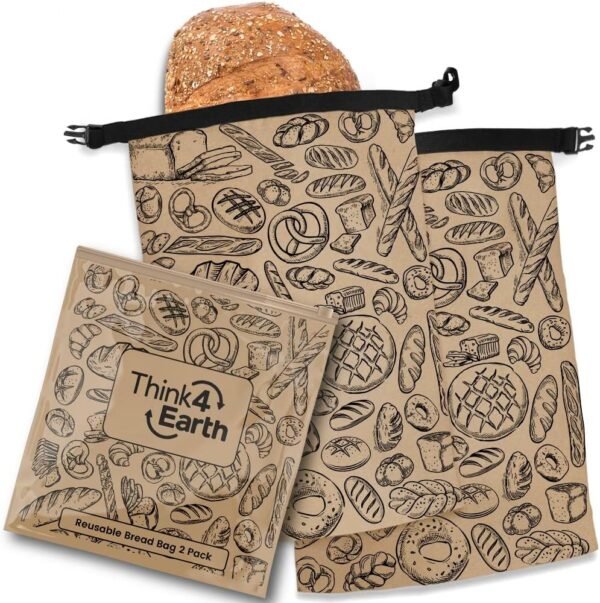 THINK4EARTH® - 2 Packs Bread Bags, Bread Bags for Homemade Bread Loaf, Freezer Bread Storage Bag, Bread Container, Reusable Food Storage Bag, Large Bread Bags for Homemade Bread with Double Lining.
