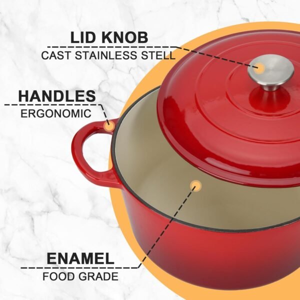 Enameled Cast Iron Dutch Oven Casserole with Lid, 5.5 Quart, Oven Safe up to 500°F - Heavy-Duty, Versatile Cookware for Marinating, Cooking, Baking, Refrigerating, and Serving - Image 3
