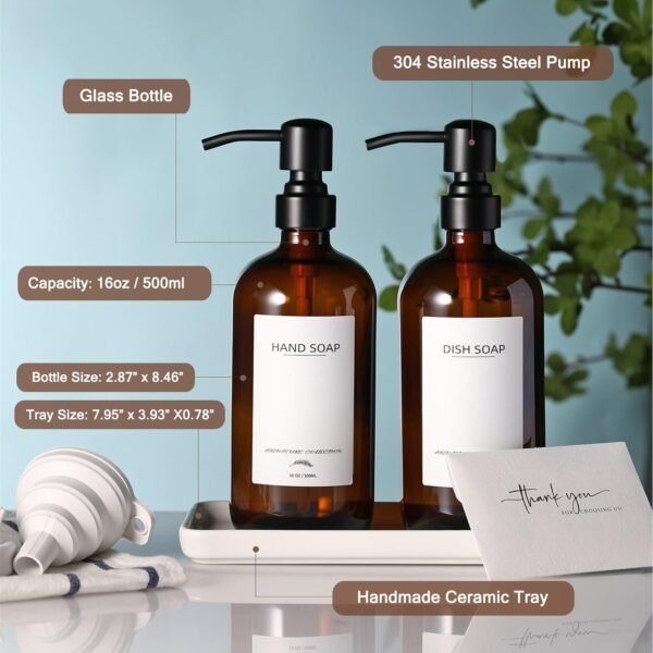 Glass Soap Dispenser with Ceramic Tray and Stainless Steel Pump, Kitchen Soap Dispenser Set with 12 Waterproof Labels, Dish Soap and Hand Soap Dispenser for Kitchen Bathroom Farmhouse - Image 4