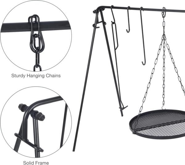 REDCAMP Grill Swing Campfire Grill Stand with Iron Grill Grate, Collapsible Campfire Cooking Rack w/6 Hooks, Portable Cookware Hanging Rack Outdoor Camping Bonfire for Cookware & Dutch Oven, Round - Image 7
