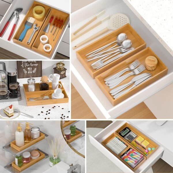 Bamboo Drawer Organizer, Stackable Utensil Organizer for Kitchen, Bamboo Storage Box Wood Silverware Tray for Drawer 15" x 6" x 2" Set of 2 - Image 4