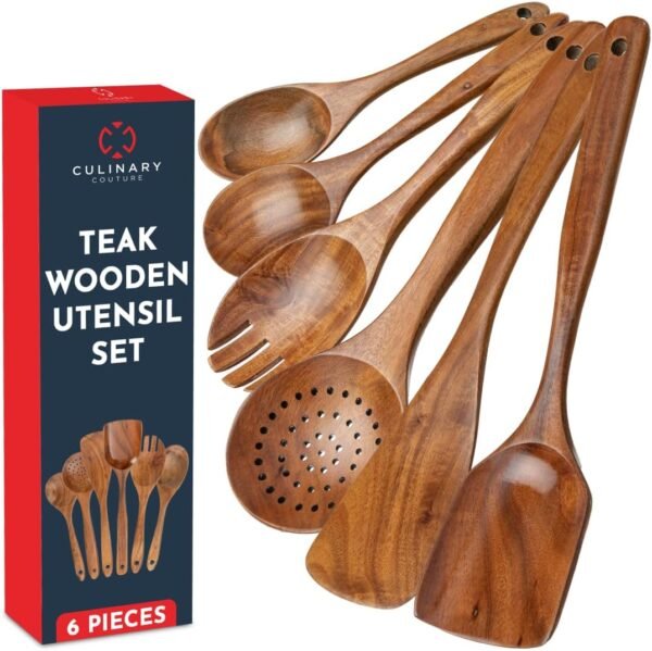 Teak Wooden Utensil Set 6-Piece - Smooth Finish Wooden Spoons for Cooking Comfortable Grip, Non Scratch Premium Teak Wood Kitchen Utensils Set