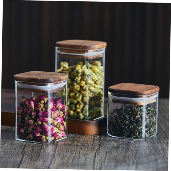SECFOU 3pcs Airtight Glass Jars Dispenser Kitchen Storage Jars Coffee Jar Syrup Pantry Containers Jam Jars Overnight Oats Jar Nuts Bins Gooseneck Coffee Pod Holder Food Container Wood - Image 2