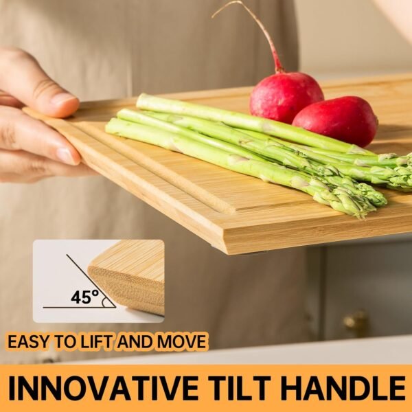 Bamboo Cutting boards for Kitchen, Wood Cutting board with Non-Slip Rubber Feet, Juice Groove & Tilt Handle, Non-Slip Chopping Board for Meat, Fruit for Prep, Pre Oiled, 12" x 8" x 0.6" - Image 5