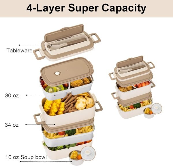 Lille Home Bento Box Adult Lunch Box, Stainless Steel Compartment Tiffin Lunch Snack Box, 2-Tier Bento Food Container, 68 oz Stackable Lunch Box with Lunch Bag and Soup Bowl (Beige) - Image 3