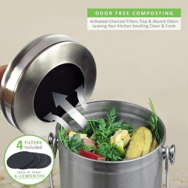 Abakoo Compost Bin 304 Stainless Steel Kitchen Composter Waste Pail Indoor Countertop Kitchen Bin Pail - includes 4 Filters (1.3 Gallon) - Image 3