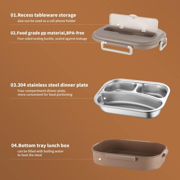 Bento Box,1000ml Stainless Steel Lunch Box,Versatile 3-Compartment Portable Lunch Box Container-Salad Lunch Containers for Adults/Kids with Spoon Fork Thermos Bag Accessories (Khaki) - Image 3