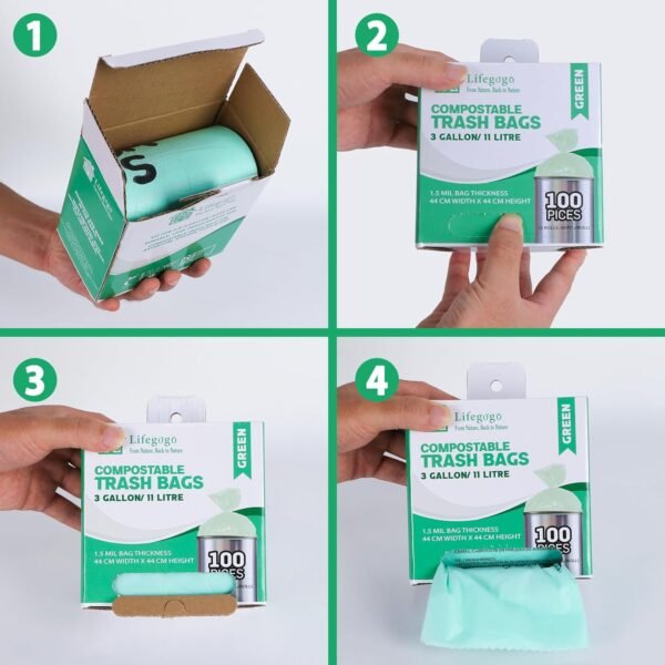 Compostable Trash Bags 3 Gallon: Biodegradable Small Compost Bags, 11 Liters Kitchen Food Scrap Compost Bin Bags,1.5 Mil, Extra Thick Kitchen Compost Bags for Countertop Bin (100 Count,1.5 Mil) - Image 5
