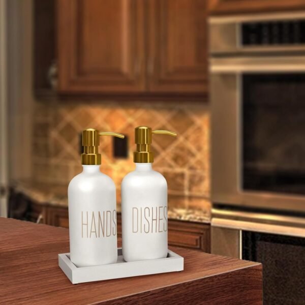 Soap Dispenser Set, Contains Hand Soap Dispenser and Dish Soap Dispenser for Kitchen， Glass Soap Dispenser with Stainless Steel Pump，for Luxury Gold Kitchen Counter Decor，（White） - Image 6