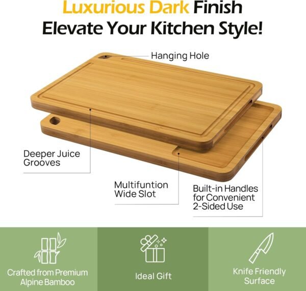 Medium Bamboo Cutting Board for Kitchen - 12 Inch Wood Cutting Boards with Juice Groove and Handles, Wooden Chopping Board for Meat, Cheese, Fruit & Vegetables (Pre Oiled, Natural) - Image 2