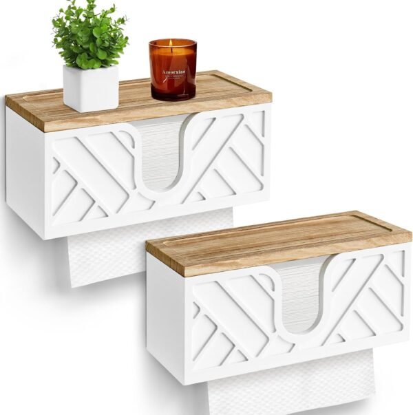 Paper Towel Dispenser Wall Mount Set of 2, Wood Paper Towel Holder with Lid, Commercial C-Fold, Z-Fold, Trifold Hand Towel Holder Dispenser Countertop, White Napkin Holder for Bathroom Kitchen Decor