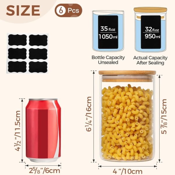 ComSaf 32oz Glass Storage Containers with Lids, Glass Jars with Lids, Clear Food Storage Jar, Round Glass Canister Set of 6, Pantry Organizers and Storage for Cookie Pasta Flour Rice Tea Coffee Bean - Image 2
