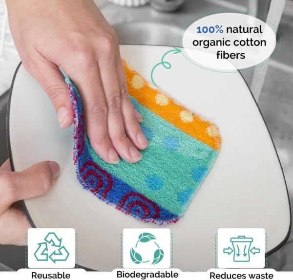 Reusable Dish Scrubber Sponge Set - Non-Scratch Scouring Pads & Scrubbing Cloths Made of Natural Organic Cotton Fibers with Food-Grade Hardener Coating for Kitchen, Bathroom & Household Cleaning (4) - Image 4