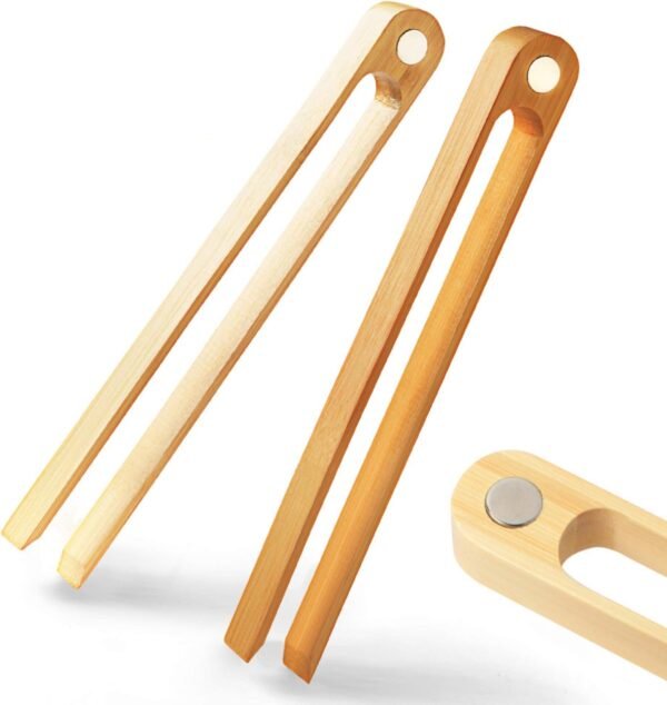 Magnetic Bamboo Toaster Tongs: 100% Natural 8.7” Wood Kitchen Toast Tongs| Eco-Friendly, Space Saving Modern Kitchen Accessory for Home Restaurant | Set of 2