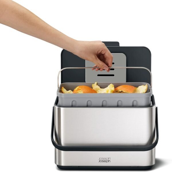 Joseph Joseph Collect 1.06 gallon/4 Liters Stainless Steel Food Compost Bin with Handle, Removable Inner Bucket and Bin Liners Storage, Includes Odor Filter and 3x Bin Liners - Image 3