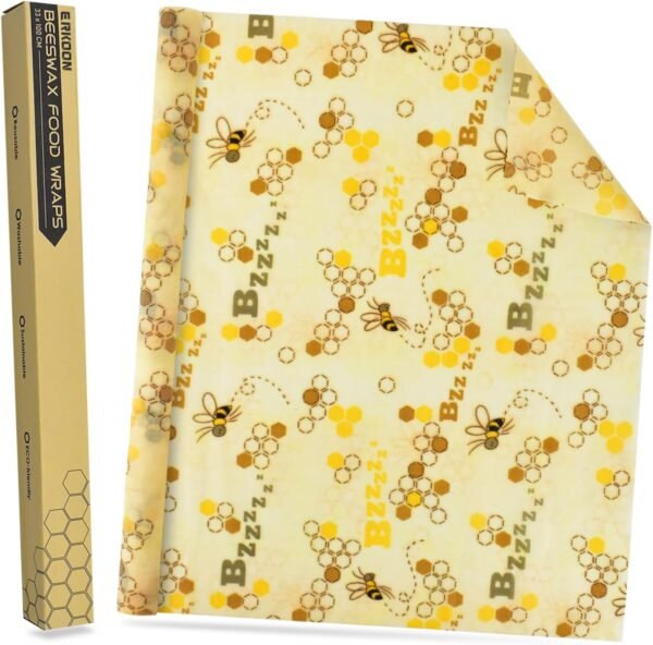 ERKOON Beeswax Food Wraps 1 Meter Roll 13 x 39 Inch Reusable Beeswax Wraps Eco-Friendly Sustainable Food Storage Wraps for Sandwich, Cheese, Fruit, Bread, Snacks (Bee Pattern)