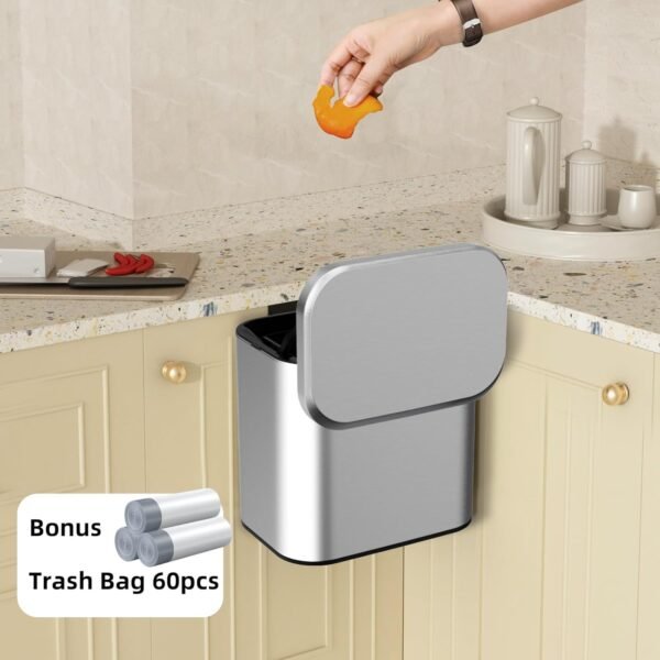 1.05 Gallon Kitchen Compost Bin for Counter Top or Under Sink, Inner Bucket,Stainless Steel Hanging Small Trash Can with Lid for Kitchen/Cupboard/RV (Silver) - Image 2