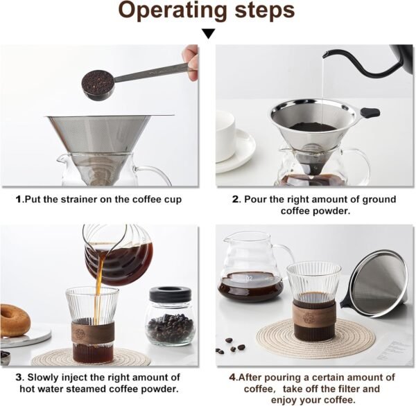 YOLIFE Pour Over Coffee Filters 2 PCS, Stainless Steel Coffee Filter, Paperless Reusable Cone Coffee Filter Dripper - Image 4