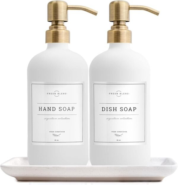 Vine Creations Glass Soap Dispenser, 2 Pack Kitchen Soap Dispenser Set with Ceramic Tray, Stainless Steel Pump, Dish Soap Dispenser for Kitchen, Hand Soap Dispenser Bathroom with Waterproof Labels