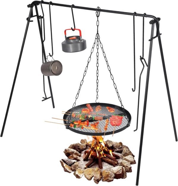 REDCAMP Grill Swing Campfire Grill Stand with Iron Grill Grate, Collapsible Campfire Cooking Rack w/6 Hooks, Portable Cookware Hanging Rack Outdoor Camping Bonfire for Cookware & Dutch Oven, Round - Image 9