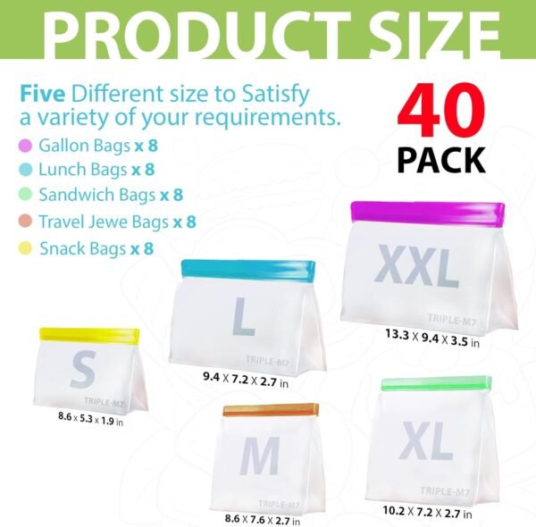 Triple-M7® 40 Pack Cereal Storage Bags Stand Up Reusable Gallon Freezer Bag Leakproof Ziplock Various Size Colors BPA Free Silicone Set Meals Lunch Sandwich Snack Home Organization Food - Image 7
