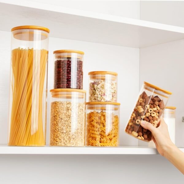 Vtopmart Glass Food Storage Jars, 7 Pack Food Containers with Airtight Bamboo Wooden Lids for Pasta, Cookies, Nuts, Coffee Beans, Cereal, Glass Canisters for Kitchen, Pantry Organization, BPA Free - Image 4