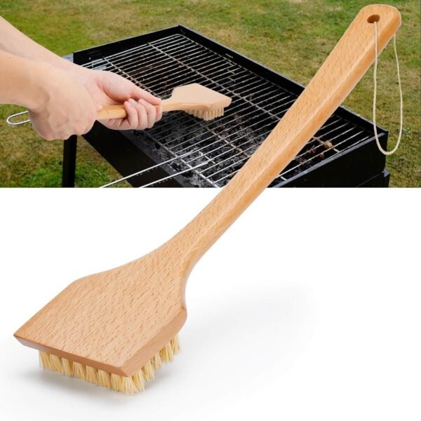 Wood Grill Brush, Grilling Accessories for Outdoor Grill, BBQ Grill Cleaner Brush with Long Wood Handle, Safe Grill Cleaner Brush Works for All Grill Types, No Metal, No Plastic
