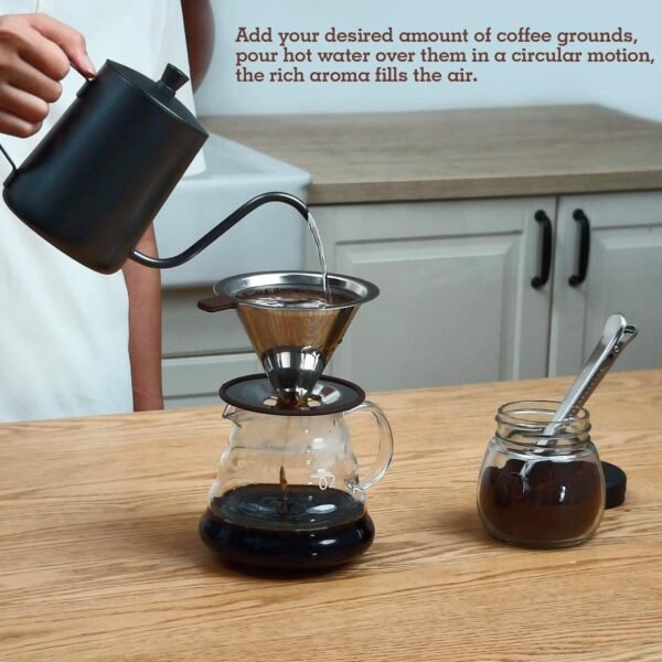 Pour Over coffee filter, Fine Mesh Double Layer,Paperless Reusable Coffee Filters,Stainless Steel Drip Cone Brew Coffee Strainer,Single Cup Coffee Maker 2-3 Cup - Image 4